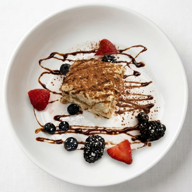 Tiramisu slice dusted with cocoa, drizzled with chocolate sauce, and garnished with fresh berries.