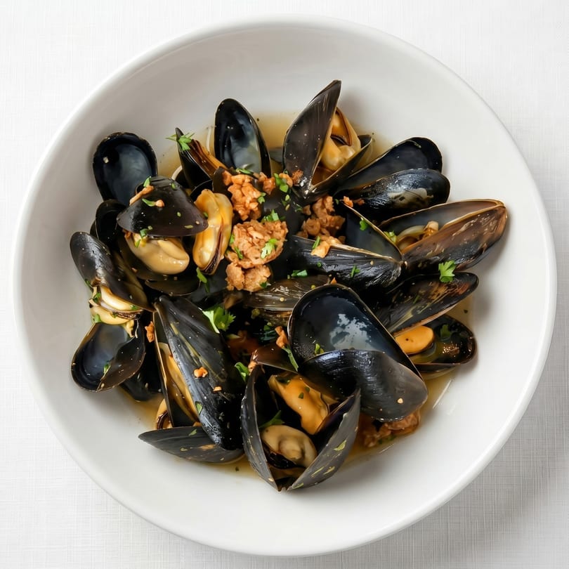 A white bowl filled with steamed mussels in a light broth, garnished with chopped garlic and parsley.