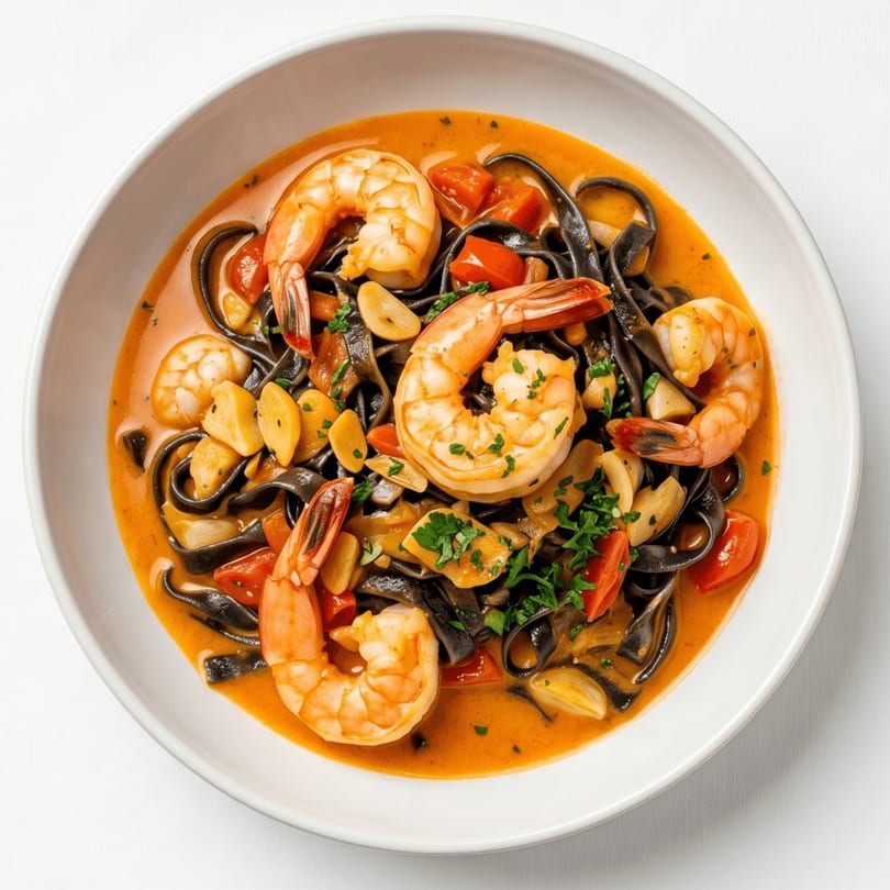 Black squid ink pasta with shrimp, cherry tomatoes, garlic, and parsley in a creamy orange sauce.