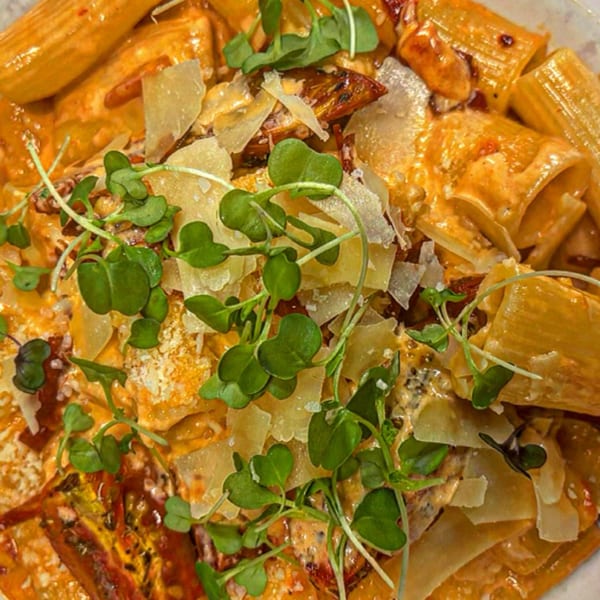 Rigatoni pasta in a creamy orange sauce, topped with shaved Parmesan and fresh microgreens.