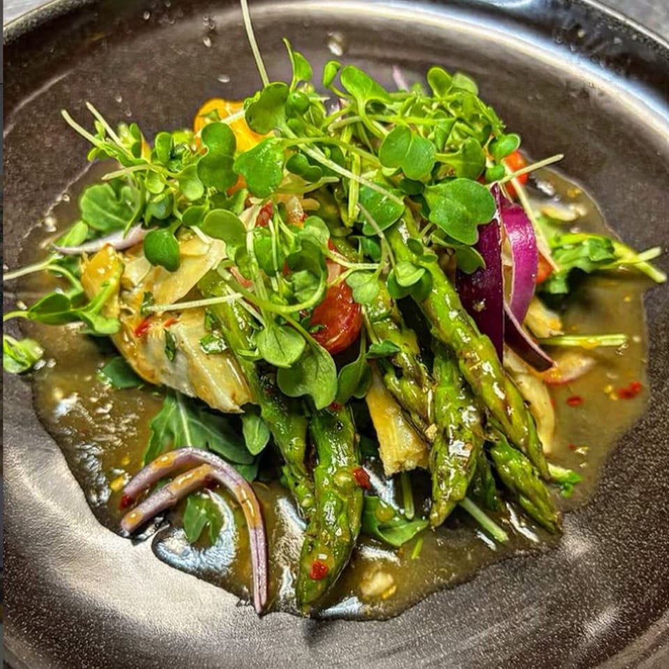A vibrant salad with asparagus, red onions, cherry tomatoes, and microgreens in a savory sauce.