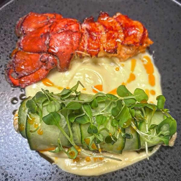 Lobster tail and cucumber-wrapped dish with microgreens and sauce on a dark plate.