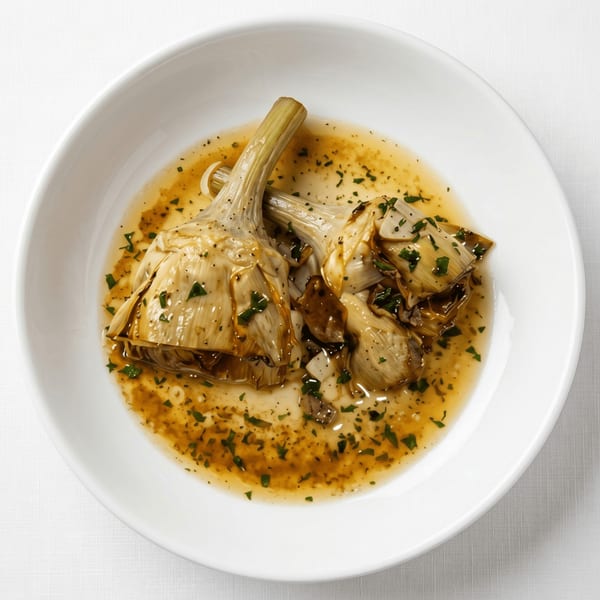 Two cooked artichokes in a light broth with herbs and pepper, served in a white bowl.
