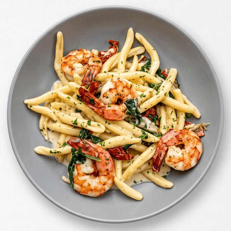 Cavatelli pasta with shrimp, sun-dried tomatoes, and spinach in a creamy sauce, served in a grey bowl.